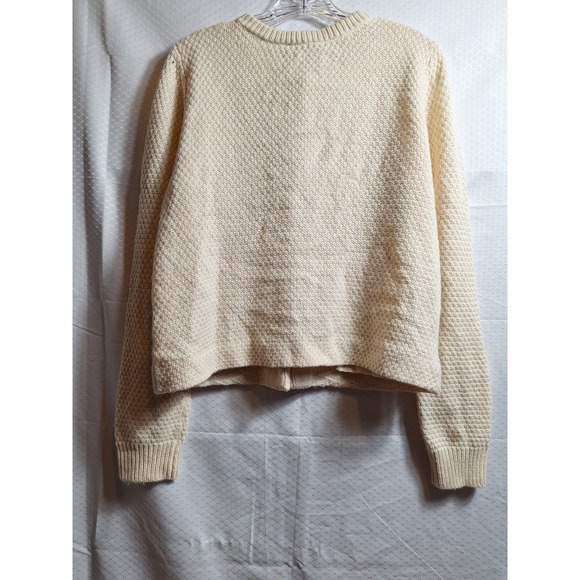 TORY BURCH Wool Alpaca Blend Cable Knit Cardigan Sz XL Beige Leather Logo Close - Picture 2 of 7
